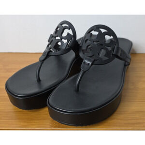 TORY BURCH Miller Wedge Platform Leather Sandals Black Excellent US 9.5M